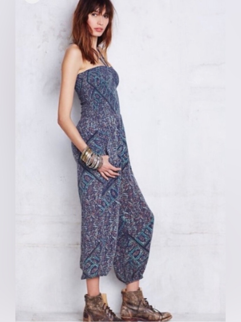 Free People Paisley Smocked Jumper M Boho Chic Balloon Leg Whimsigoth Jumpsuit